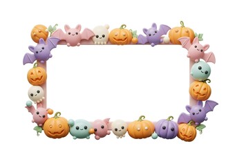Adorable pastel Halloween frame with cute pumpkins, ghosts and bats creating a sweet kawaii style design for kids party invitations.