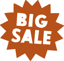 A bold “BIG SALE” badge in retro orange and black colors, designed as a starburst shape to highlight discounts, promotions, and special offers in vintage-style marketing visuals.