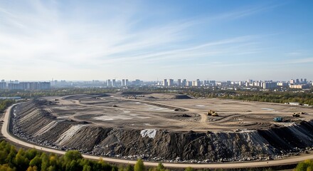 Fototapeta premium A vast landfill stretches across the landscape, with a city skyline visible in the distance, showcasing the scale of waste management challenges