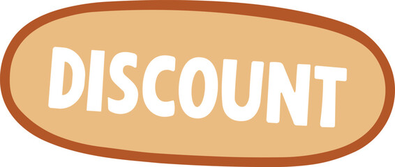 A flat retro-style “DISCOUNT” label with bold black text on a beige oval background outlined in orange, ideal for sale, marketing, and promotional materials.