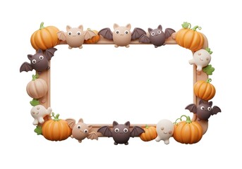  Elegant white frame decorated with autumn pumpkins, gourds and flowers creating a sophisticated Halloween harvest celebration design.