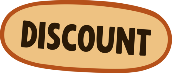 A retro-style “DISCOUNT” label with bold dark brown text on a beige oval background outlined in orange, perfect for sale and promotion graphics.