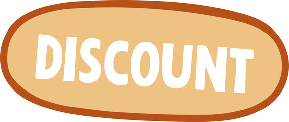 A flat retro-style “DISCOUNT” label with bold black text on a beige oval background outlined in orange, ideal for sale, marketing, and promotional materials.