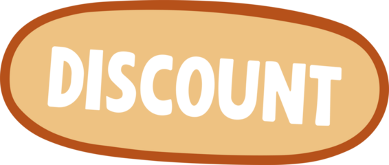 A flat retro-style “DISCOUNT” label with bold black text on a beige oval background outlined in orange, ideal for sale, marketing, and promotional materials.