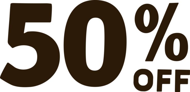 CBold dark brown text reading “50% OFF” representing a large sale discount for retail, marketing, or promotional materials.