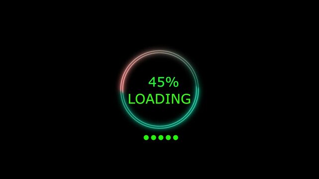 Glowing neon light circle 0% to 90% Loading animation on the black background.