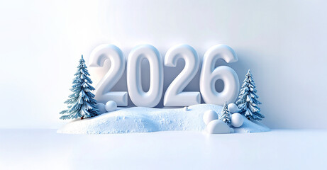 Composition in white, blue tones, three-dimensional 3D numbers 2026, pile snow, Christmas trees, balls. Greeting card, mockup, banner. New Year, Christmas concept. Winter holiday background, wallpaper
