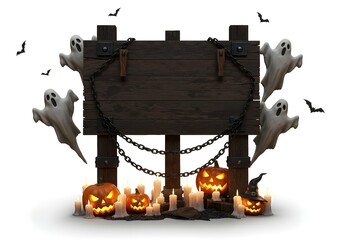 Haunted wooden sign with ghosts, pumpkins, chains and bats creating a spooky Halloween scene for horror party invitations. 3d render of a halloween ghost