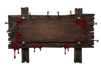 Rustic wooden Halloween sign with red dripping blood effect and nails, perfect for horror themes and haunted house designs.