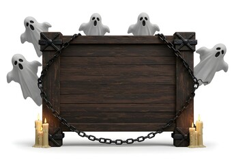 Spooky wooden sign with ghosts and chains creating an eerie Halloween atmosphere perfect for haunted house designs and horror themes.