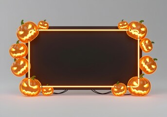 Dark elegant frame surrounded by glowing golden jack-o-lanterns creating a sophisticated Halloween atmosphere with warm autumn lighting. golden frame for your design