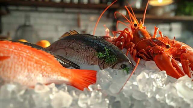 Fresh Catch: Red Snapper, Sea Bream, and Lobster on Ice Display