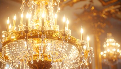Ornate Crystal Chandelier Illuminates Room.