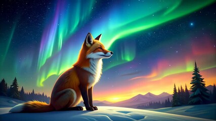 Fox Under Aurora Borealis - A Majestic Winter Scene. - Powered by Adobe