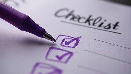 Close up of checklist with purple pen marking tasks done. Paper note list with checkmarks box. Task management process for success concept. Efficient planning and strategy on notepad.