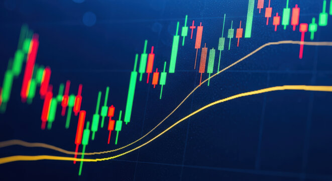 Analyzing Financial Market Trends with Candlestick Charts and Moving Averages Depicting Stock Price Fluctuations and Investment Opportunities in a Dynamic Economy