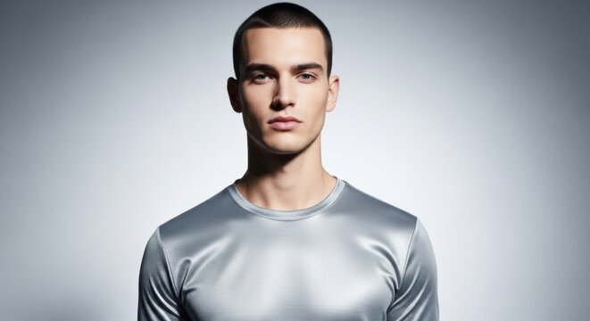 Striking Portrait of a Young Man with Buzz Cut and Silver Shirt Against Gradient Background