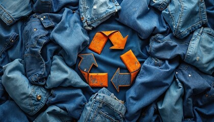 Recycled denim clothing with orange recycle symbol. Blue jeans and jackets represent eco fashion and sustainability. Used denim textile concept highlights waste reduction and environmental awareness