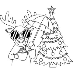 A reindeer is on a tropical trip for the Christmas holidays! This funny black and white vector shows a cute reindeer with a drink and umbrella next to a festive tree, symbolizing holiday travel.