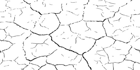 Black and white cracked dry ground texture background. Abstract drought soil surface pattern symbolizing arid climate, desertification, global warming, and environmental crisis concept.