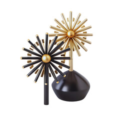 Two elegant black and gold starburst decorative objects resembling spiky dandelions against a dark background