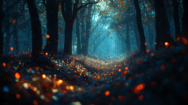 A surreal and brilliant cinematic photograph of an ethereal forest softly glowing with fine digital light particles, illuminated by realistic lighting, and immersed in a cinematic atmosphere.