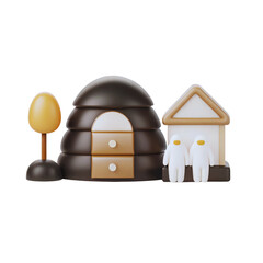 Two figures stand near a beehive and house in a minimalist 3D rendering on