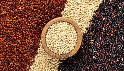 Assorted Quinoa Grains in Wooden Bowl.