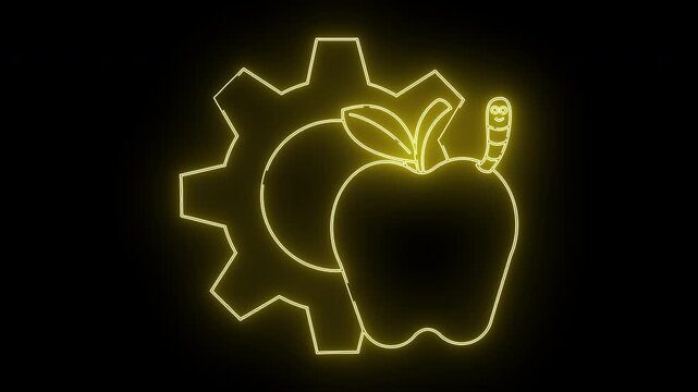 Glowing yellow outline gear apple with leaves and a smiling worm