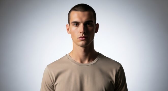 Striking Studio Portrait of a Young Man with Buzz Cut and Intense Gaze