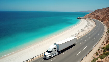 White semi trailer truck drives on asphalt road near turquoise sea beach. Scenic coastal highway under bright sunlight. Trucking transport journey.