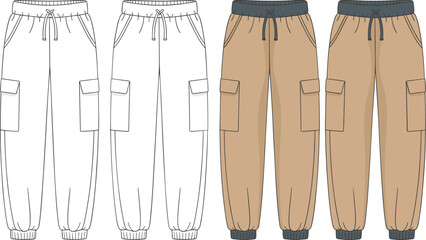 Cargo jogger pants cad drawing, flat vector illustration, fashion technical sketch, front and back view, editable outline, streetwear fashion template