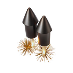 Two metallic 3D rendered rockets launching with golden fiery bursts against a dark background