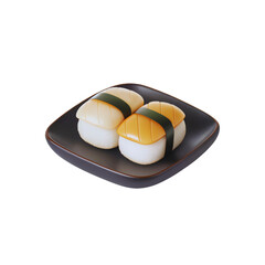 Two pieces of delicious nigiri sushi with light toppings are presented on a dark square plate
