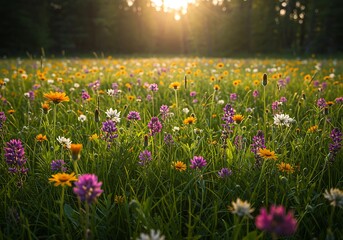Obraz premium Beautiful meadow filled with colorful wildflowers under a warm, glowing sunset.