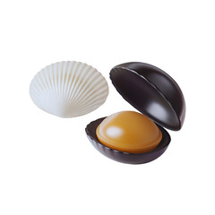 Two stylized mollusk shells, one white and closed, the other open revealing an orange treat inside