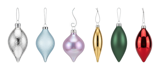 Elongated Christmas ornament set including silver, blue, pink, gold, green, and red glass shapes isolated. Festive holiday decoration collection.