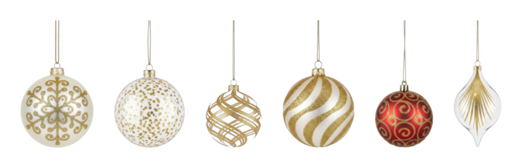 Christmas ornaments set including glitter, striped, snowflake, speckled, scroll, and teardrop designs isolated. Holiday decoration and festive celebration.