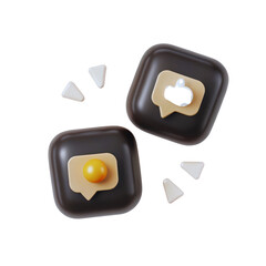 Two three dimensional chat bubble icons float with white triangular accents on a dark surface