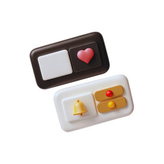 Two user interface elements display a red heart, a golden bell, and colorful slider controls