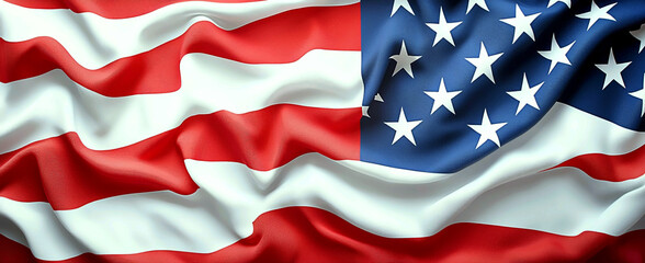 AI Generated - American flag waving in the wind, with its red, white and blue colors and stars clearly visible. Commercial illustration artwork for business applications. High-resolution. Premium.