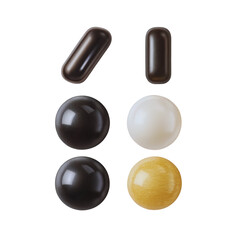 Various dark and light colored glossy pills and spheres are neatly arranged on a plain black surface