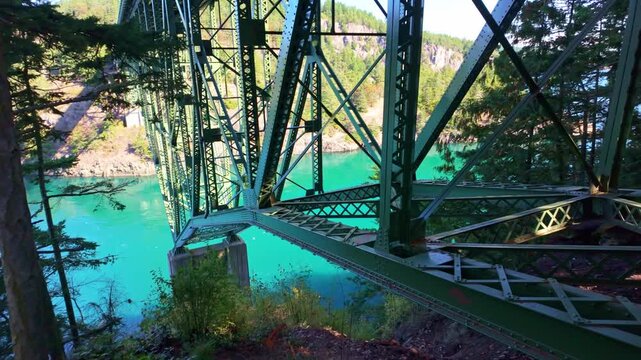 A scenic view from the Deception Pass Bridge, overlooking the turbulent waters of the passage below