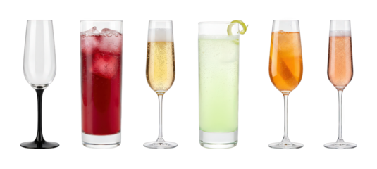 Colorful cocktail and beverage set including sparkling flutes, highball glasses, and various drinks isolated. Mixology and party collection.