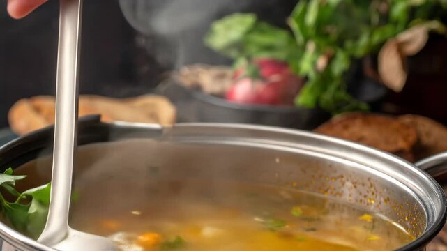 Ladling Hot Vegetable Soup: Close-Up of Steaming Broth with Parsley and Bread