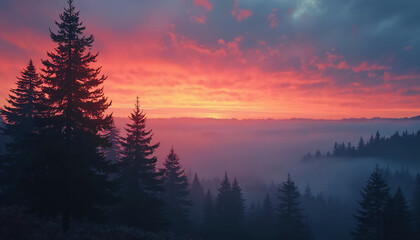 Evergreen Forest Sunrise with Mist