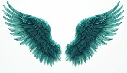 Obraz premium Close view presents turquoise wings on light background. Pair of avian wings designed for stage decorations. Decorative avian elements in graphic style. Flight concept for heraldry, angel, bird fairy
