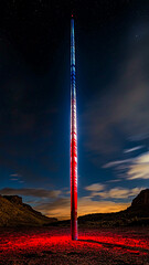 AI Generated - Tall tower in the middle of a desert at night, illuminated by a red light. Professional stock photography for commercial use. High-resolution. Premium quality. Professional grade.