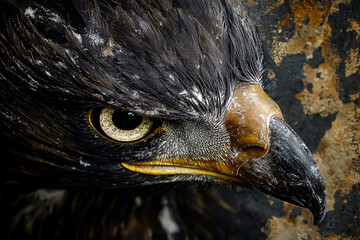 AI Generated - Close up of a golden eagle's face, with its black feathers and yellow beak standing out against a wall in the background. Professional stock photography for commercial use. -