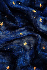 AI Generated - Close up of a blue fabric with gold stars scattered across it, creating a beautiful contrast between the two colors. Commercial illustration artwork for business applications.